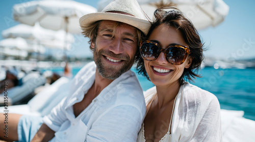 A happy elegant couple in their 30s relaxing side by side on sun loungers beside luxury resort beach club, man in white linen shirt and light blue swim shorts, woman in cream bikin