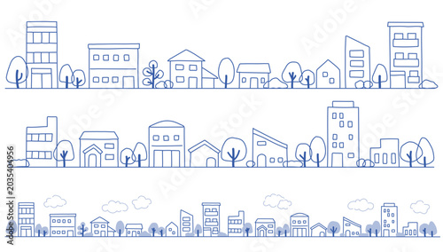 Quadro em tela 低層の建物と樹木が多い街並み　シンプルな手描き線画のイラスト