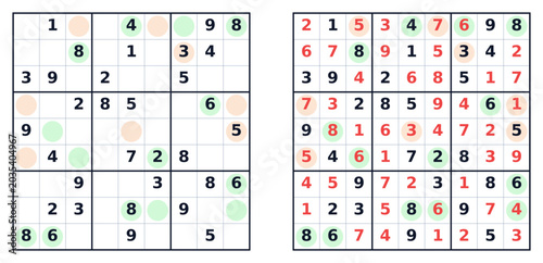 Even-odd sudoku puzzle with solution. Completed and blank grids for challenge and entertainment. Print for magazines, books, education
