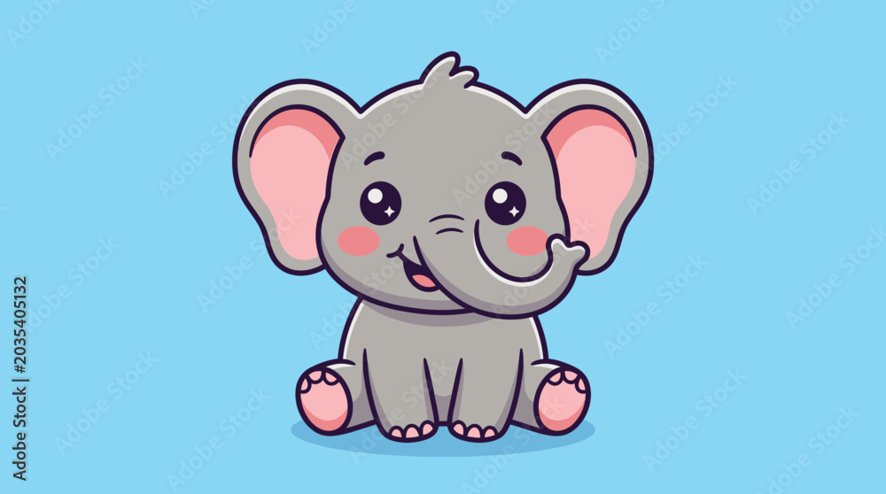 Obraz premium Cute Baby Elephant Sitting Adorable Cartoon Illustration.