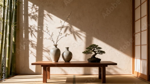 Japanese style room with bonsai and vases