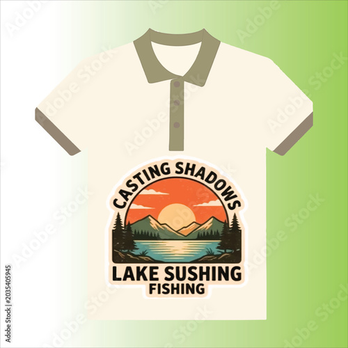 Fishing Logo on Polo Shirt Mockup with Lake Landscape Design
