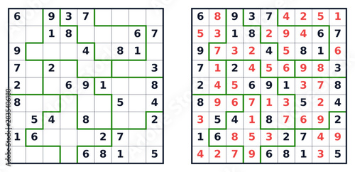 Sudoku jigsaw puzzle with solution. Completed and blank grids for challenge and entertainment. Print for magazines, books, education