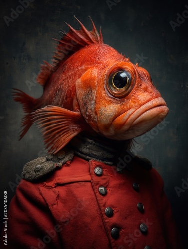 Surreal red fish wearing a formal military uniform