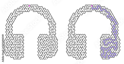 Maze puzzle in shape of headphones with purple solution line and start dot. Vector labyrinth game for print with listening symbol. Entertainment and leisure cognitive activities for kids and adults