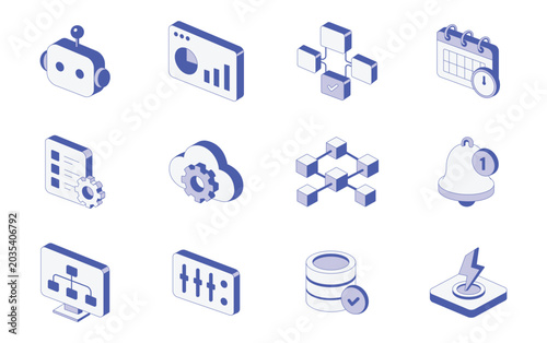 Modern blue isometric technology and software development icon set