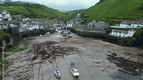 Aerial views of the picturesque costal village of Port Isaac on the north coast of Cornwall in the southwest of England.