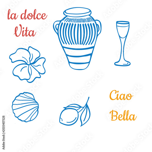  Blue summer doodle set in Amalfi style. Ice cream, vase, seashell, lemon, hibiscus flower, text and glass.	