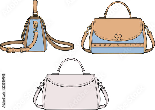 Vector fashion technical sketch of a top handle crossbody bag with strap showing front and side views for tech pack design