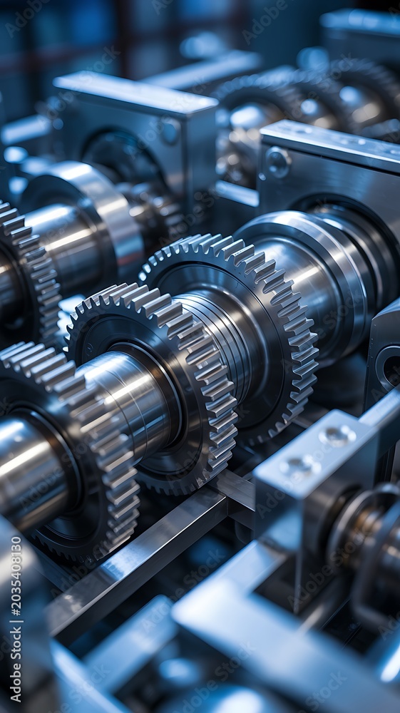 Fototapeta premium Interconnected metal gears and cogs in a complex mechanical system