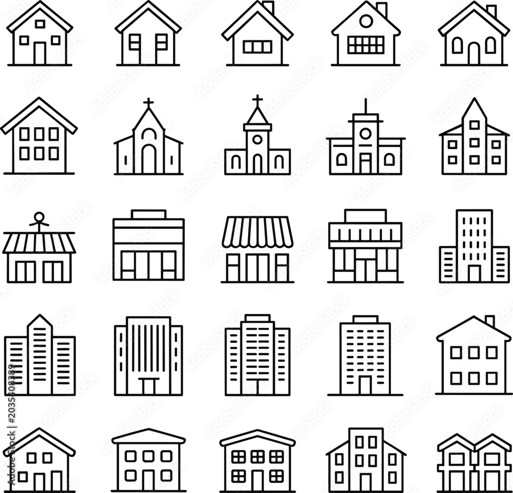 Fototapeta premium Title (18-22 words): Building and Architecture Icons Collection with Houses, Churches, Shops, and Skyscrapers for Real Estate and Urban Design