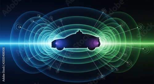 Electric vehicle wireless charging technology concept with glowing blue and green energy waves around a car silhouette
