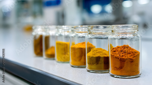 Jar of powdered spice samples in laboratory row with warm yellow and orange hues creating focused scientific study of color and texture