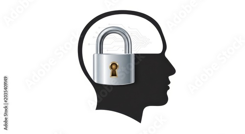 Conceptual illustration of mental security a padlock inside a human head silhouette on white