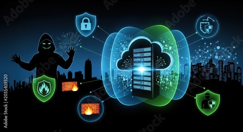 Cybersecurity concept hacker attempting to breach network defenses protecting a city skyline