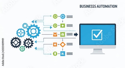 Business automation concept with gears and computer screen illustrating process efficiency