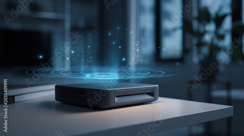 Smart Wireless Hub Device with Blue Signal Waves on Desk. AI generated image