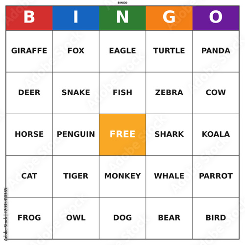 Canvas Print Animals Bingo Game Card