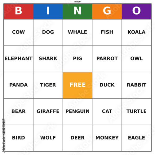 Photography Animals Bingo Game Card
