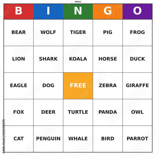 Photography Animals Bingo Game Card