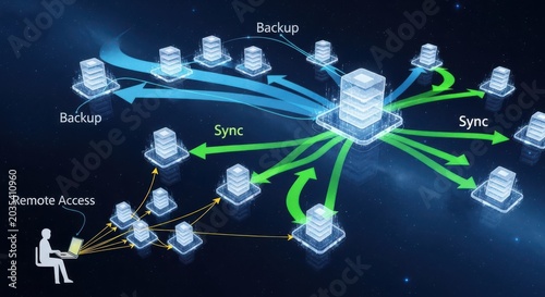 Data synchronization and backup network illustration with remote access concept