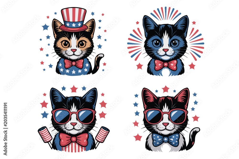 Fototapeta premium set of cat portrait for Independence day 4th of July vector illustration isolated on white background