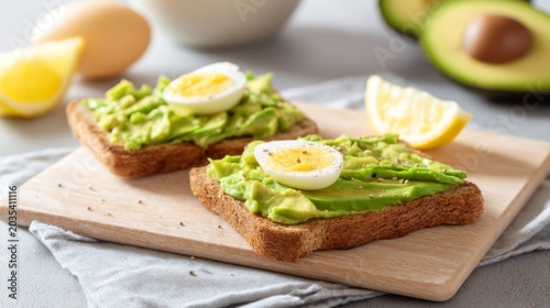 Fresh Avocado Toast with Egg and Lemon Slices on Wooden Board for Delicious Brunch Composition and Styling
