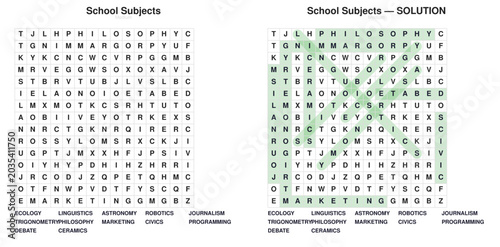 School Subjects Word Search. Vocabulary learning puzzle for students. Printable worksheet with answer key.