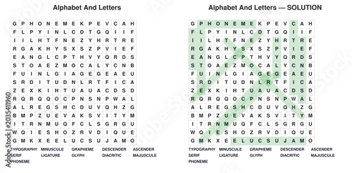 Typography Word Search Puzzle. Educational vocabulary activity for students. Printable worksheet with answer key.