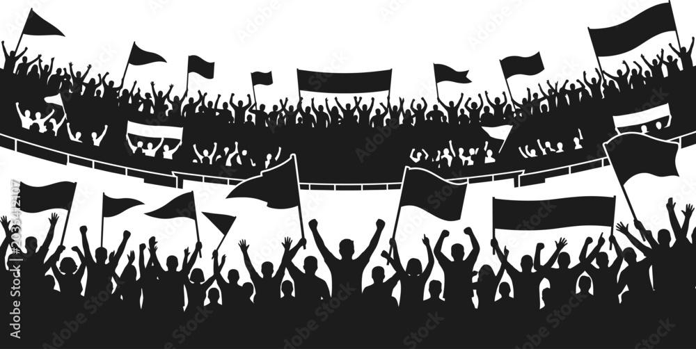 Obraz premium silhouette of a crowd of people waving flags in a stadium cheering fans in a sports event