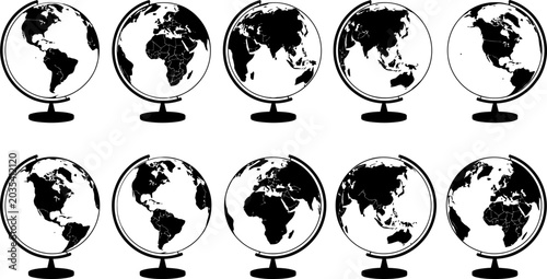 Schilderij op canvas collection of black and white globes on stands showing different world maps