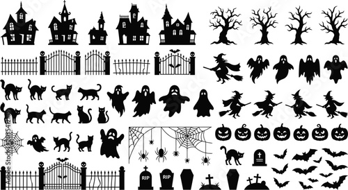 Foto halloween icons including houses trees cats ghosts witches pumpkins fences tombs