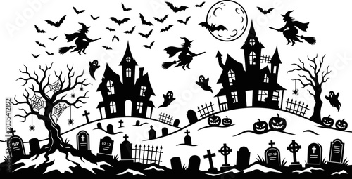 Tableau sur toile halloween scene with haunted houses and witches flying on broomsticks at night