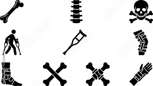 Fotografía Black silhouette medical icons set including bones skull crutches and injured bo
