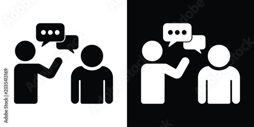 Business interaction icon featuring two individuals talking with speech bubbles. Perfect for communication, customer service, consulting, and collaboration themes.