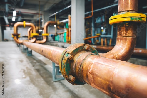 Industrial Copper Pipe Plumbing System with Valves in Modern Facility Showcasing Intricate Design and Function