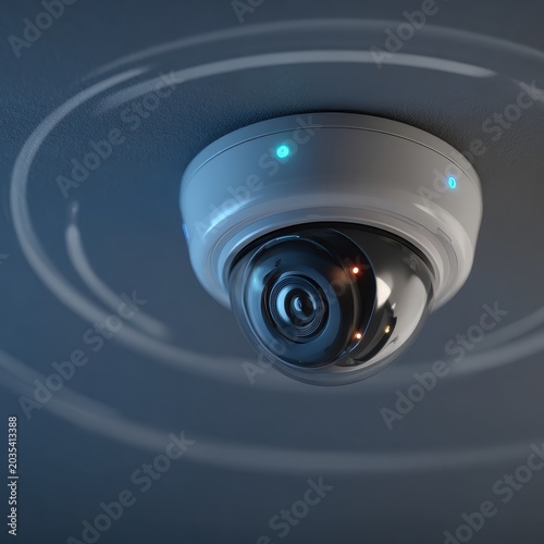 Wireless Smart Dome Security Camera Mounted on Ceiling with Signal Waves. AI generated image