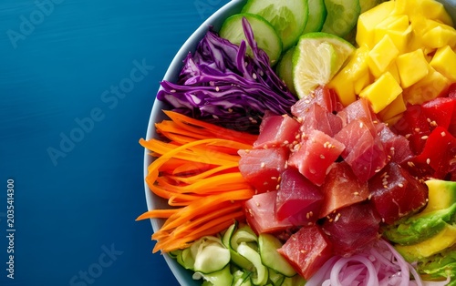 Vibrant Fresh Tuna Poke Bowl with Colorful Vegetables and Tropical Fruits Arranged Artfully