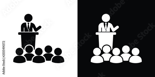 Fotografía Public speaking icon showing a businessman at a podium addressing an audience