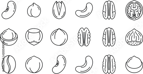 Foto Nuts and Seeds Outline Icon Set Featuring Almond, Walnut, Cashew, Peanut, Hazeln
