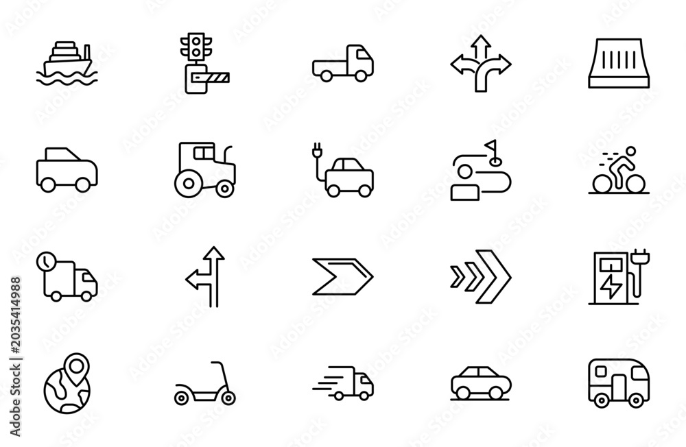 Fototapeta premium Road and Traffic Line Icon Set for Transportation, Highway Navigation, Street Safety and Urban Mobility Outline Vector Collection
