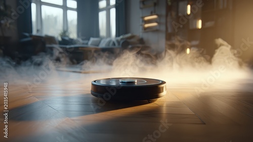 Autonomous Robot Vacuum Cleaner Scanning Hardwood Floor in Modern Living Room. AI generated image
