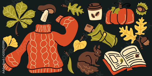 Autumn cozy element set with sweater, pumpkin, squirrel and leaves