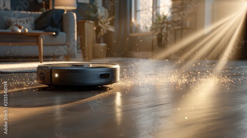 Autonomous Robot Vacuum Cleaner Scanning Hardwood Floor in Modern Living Room. AI generated image