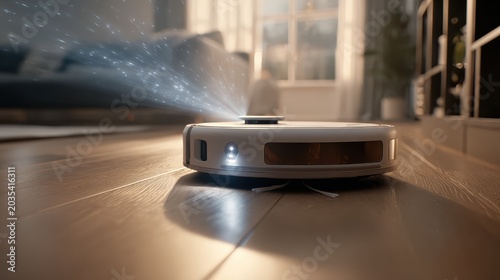 Autonomous Robot Vacuum Cleaner Scanning Hardwood Floor in Modern Living Room. AI generated image