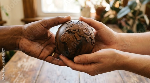 Diverse hands holding a wooden globe together for global unity