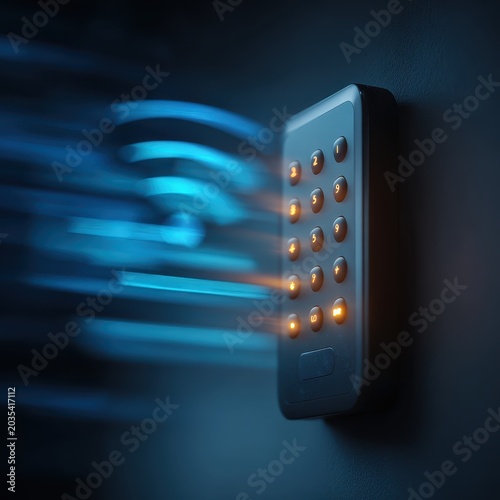 Sleek Smart Home Security Keypad with Glowing Blue Buttons on Dark Wall. AI generated image