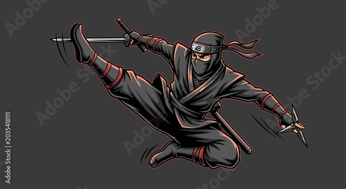 Foto Ninja Warrior in Mid Air Jump Text Banner with Flat Style