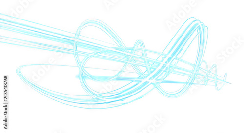 Glowing light blue streaks forming abstract swirling loops and linear trails against a solid black background, long exposure light painting