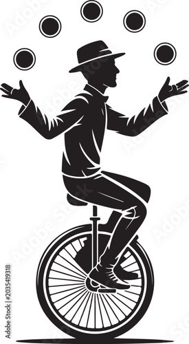 Juggler on unicycle silhouette performing tricks with balls man on bike entertaining audience